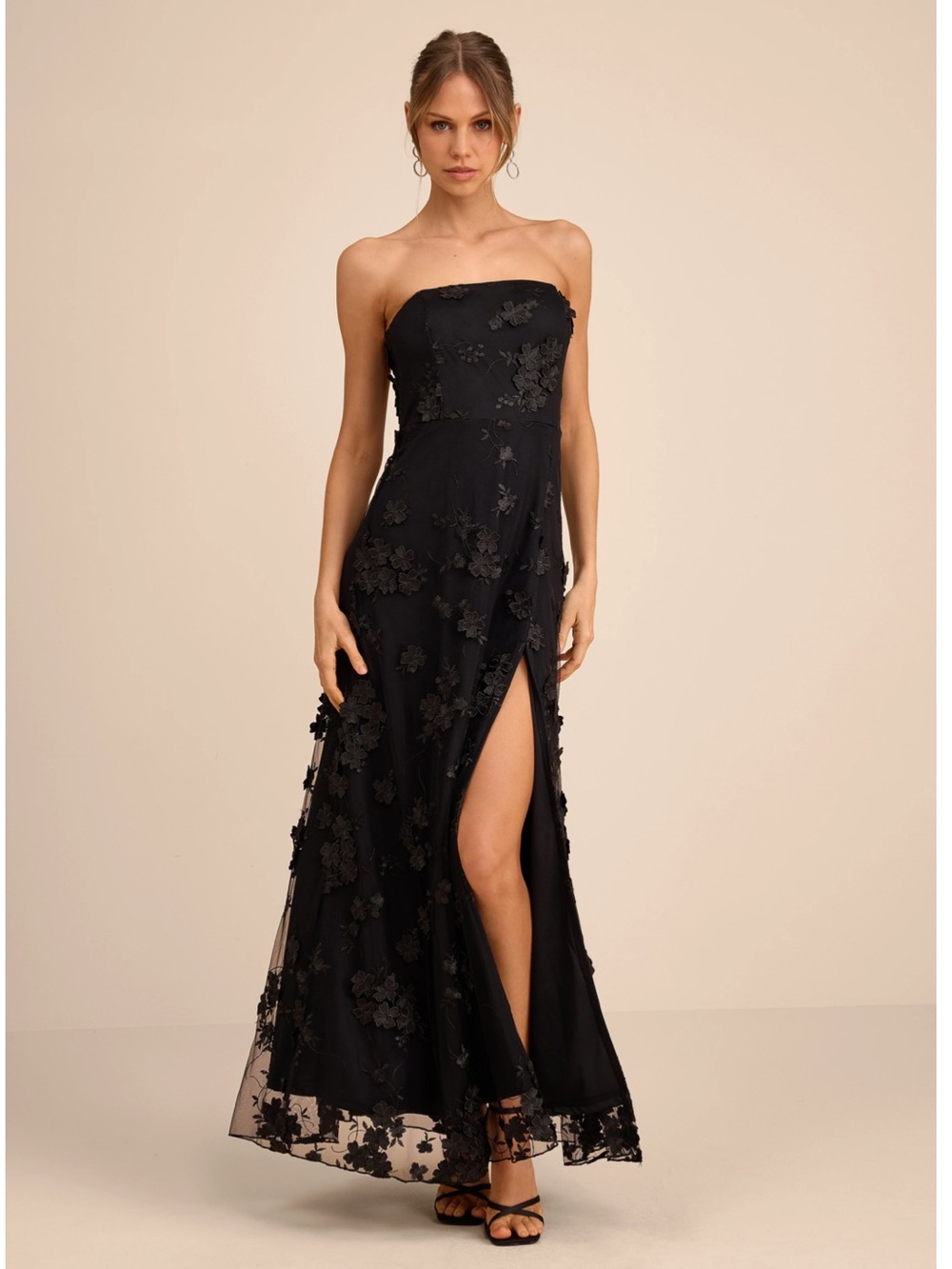 Lulus Rare Presence Black 3D Floral Embroidered Strapless Maxi Dress Event XL